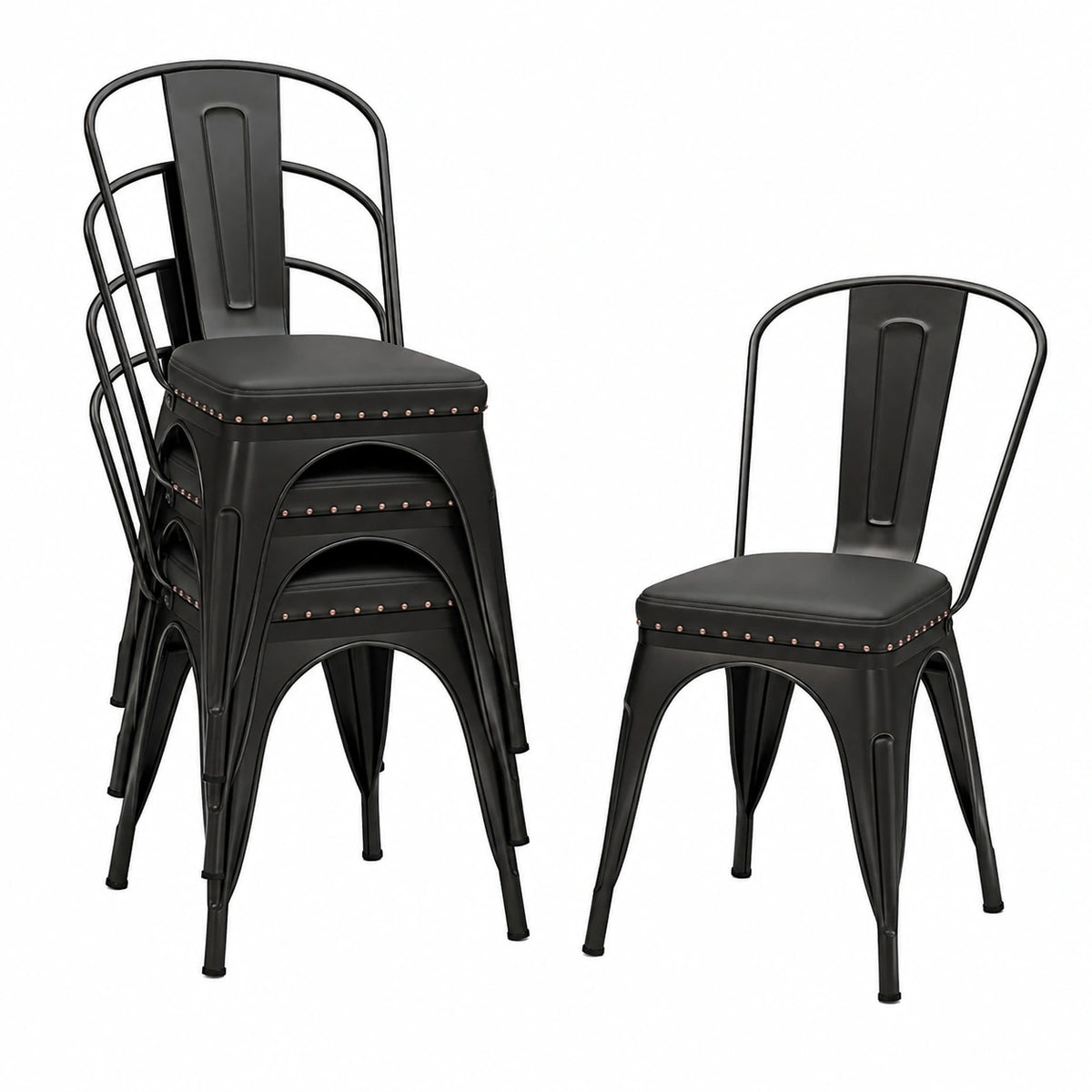 Chaise, en métal, rembourré, coloris noir, 44 x 53 x 84 cm, pour la salle à manger ou la cuisine